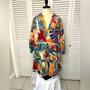 Farm Rio Off White Macaw Mini Puff sleeve tunic Dress Sz Large